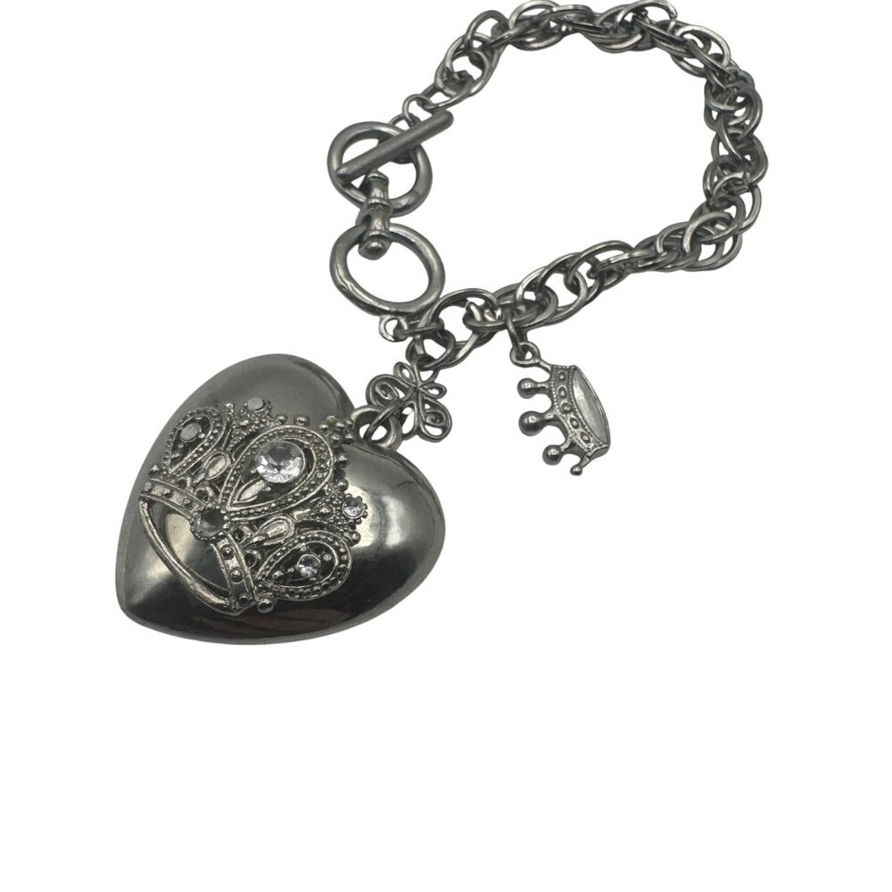 Oxidized Heart Charm Toggle Bracelet With Ornate Crown Design Crystal Accents